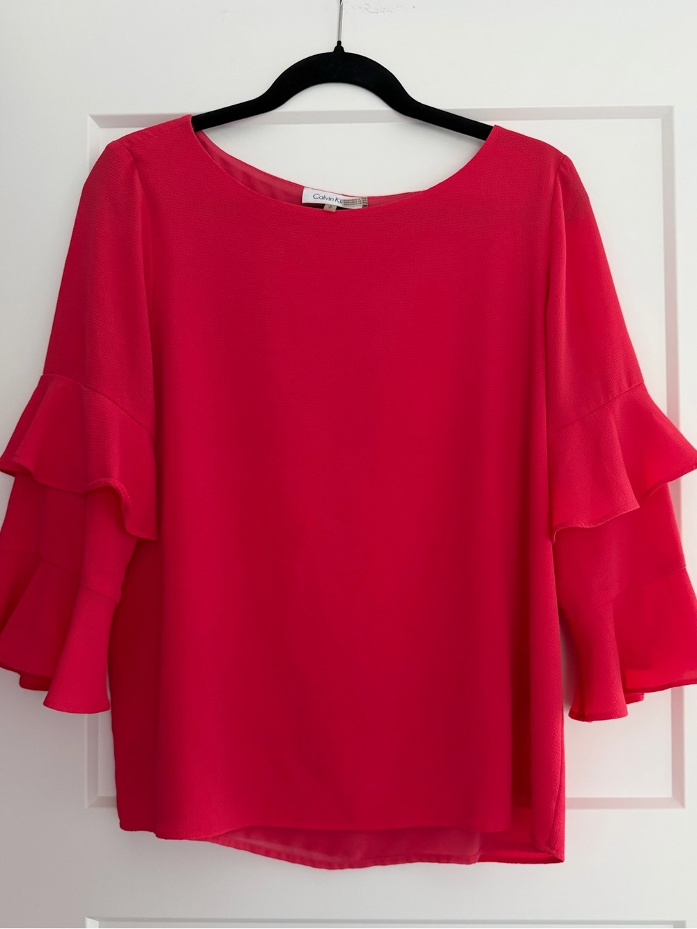 EUC Calvin Klein Women's Vibrant Pink Blouse with Romantic Tiered Sleeves, Small